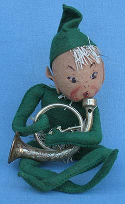 Annalee 10" Green Elf with Tinsel and French Horn - Excellent - E22-55gfh